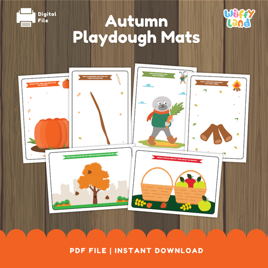 A set of six printable autumn-themed playdough mats. Each mat features colorful illustrations such as a pumpkin, a tree with falling leaves, baskets of apples, a cozy animal holding a leaf, logs near a campfire, and a bare branch for decorating. The mats include creative prompts like "Create apples and put them into the basket" and "Make some leaves for the tree."