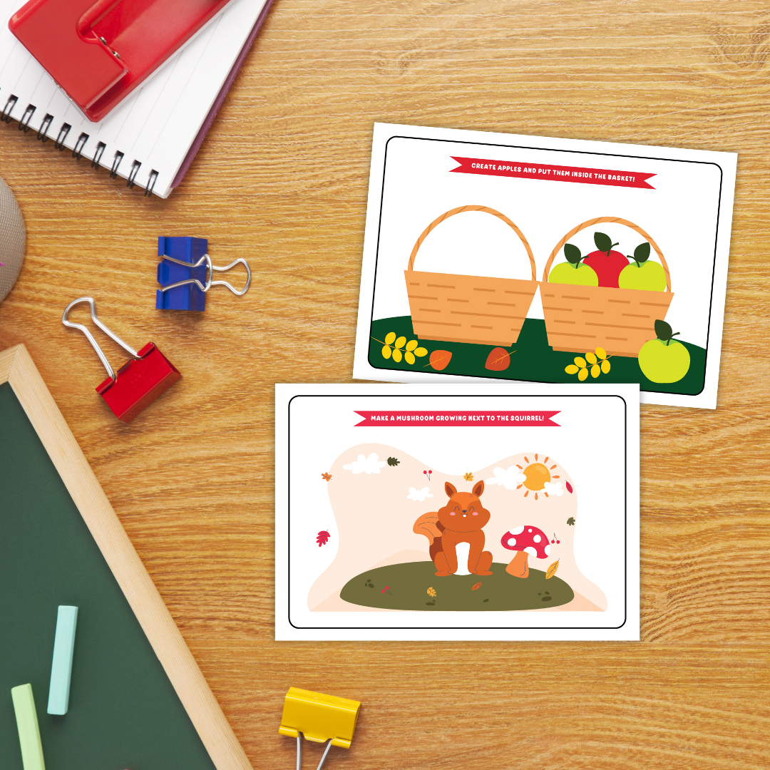 A set of six printable autumn-themed playdough mats. Each mat features colorful illustrations such as a pumpkin, a tree with falling leaves, baskets of apples, a cozy animal holding a leaf, logs near a campfire, and a bare branch for decorating. The mats include creative prompts like "Create apples and put them into the basket" and "Make some leaves for the tree."