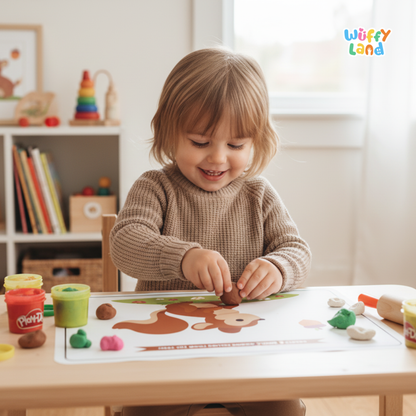 A set of six printable autumn-themed playdough mats. Each mat features colorful illustrations such as a pumpkin, a tree with falling leaves, baskets of apples, a cozy animal holding a leaf, logs near a campfire, and a bare branch for decorating. The mats include creative prompts like "Create apples and put them into the basket" and "Make some leaves for the tree."