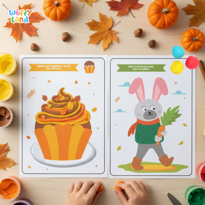 A set of six printable autumn-themed playdough mats. Each mat features colorful illustrations such as a pumpkin, a tree with falling leaves, baskets of apples, a cozy animal holding a leaf, logs near a campfire, and a bare branch for decorating. The mats include creative prompts like "Create apples and put them into the basket" and "Make some leaves for the tree."