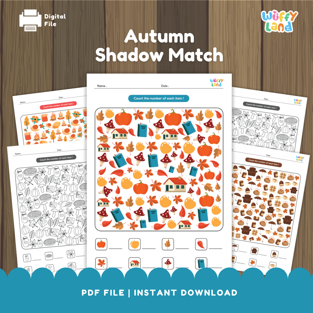 A collection of printable “Autumn Shadow Match” worksheets featuring colorful fall-themed illustrations such as pumpkins, leaves, mushrooms, books, and cozy objects. The main worksheet in the center shows a counting and matching activity where children identify and count the number of each item. Additional sheets include both color and black-and-white versions for extra practice. Designed by Wuffy Land for seasonal early learning fun.