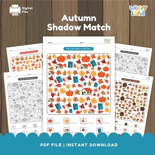 A collection of printable “Autumn Shadow Match” worksheets featuring colorful fall-themed illustrations such as pumpkins, leaves, mushrooms, books, and cozy objects. The main worksheet in the center shows a counting and matching activity where children identify and count the number of each item. Additional sheets include both color and black-and-white versions for extra practice. Designed by Wuffy Land for seasonal early learning fun.