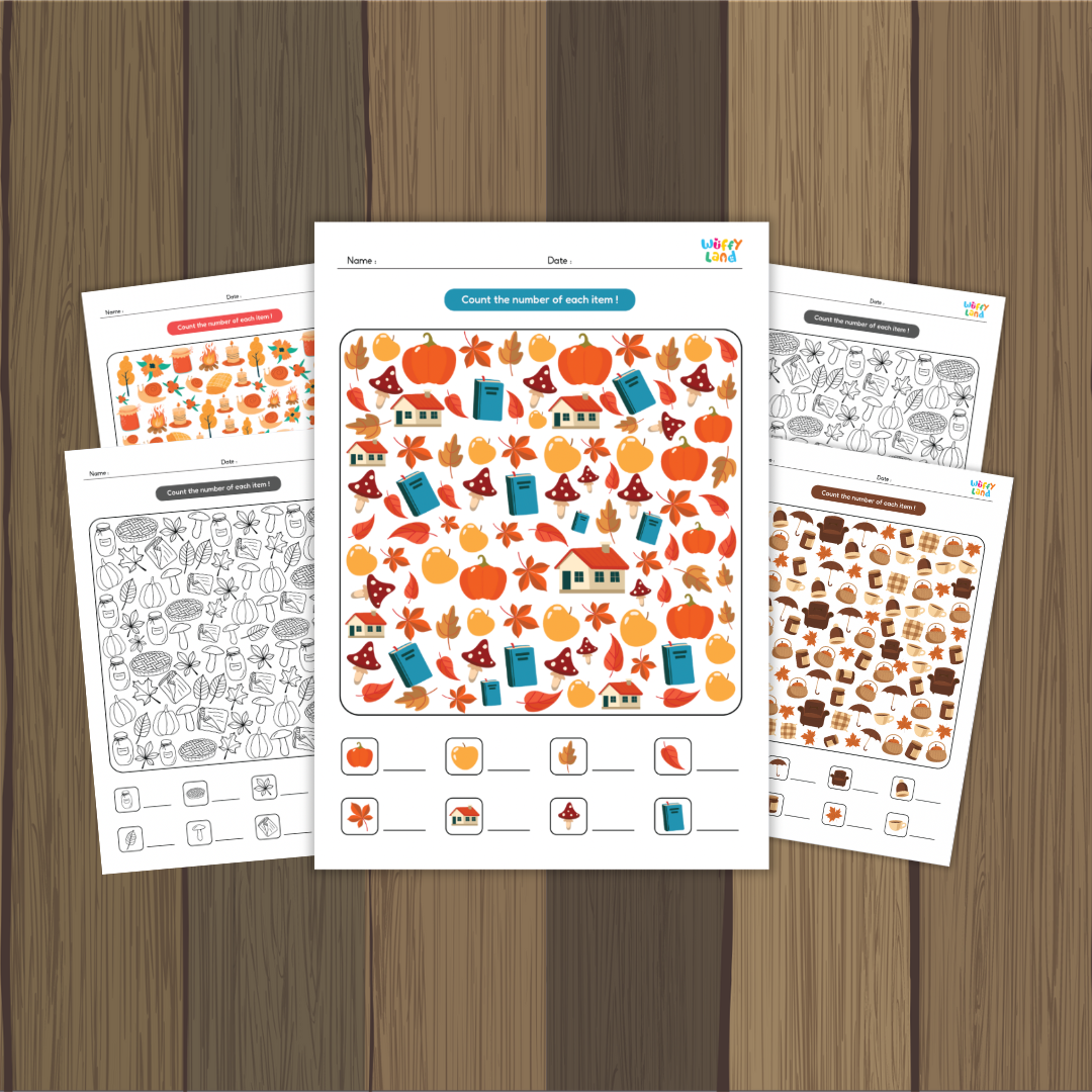 A collection of printable “Autumn Shadow Match” worksheets featuring colorful fall-themed illustrations such as pumpkins, leaves, mushrooms, books, and cozy objects. The main worksheet in the center shows a counting and matching activity where children identify and count the number of each item. Additional sheets include both color and black-and-white versions for extra practice. Designed by Wuffy Land for seasonal early learning fun.