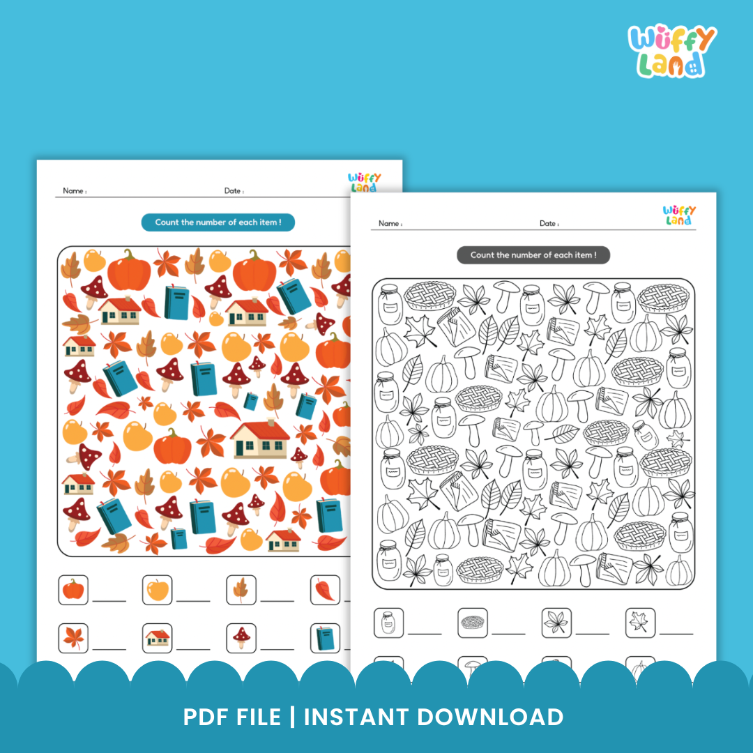 A collection of printable “Autumn Shadow Match” worksheets featuring colorful fall-themed illustrations such as pumpkins, leaves, mushrooms, books, and cozy objects. The main worksheet in the center shows a counting and matching activity where children identify and count the number of each item. Additional sheets include both color and black-and-white versions for extra practice. Designed by Wuffy Land for seasonal early learning fun.
