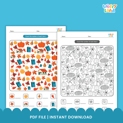 A collection of printable “Autumn Shadow Match” worksheets featuring colorful fall-themed illustrations such as pumpkins, leaves, mushrooms, books, and cozy objects. The main worksheet in the center shows a counting and matching activity where children identify and count the number of each item. Additional sheets include both color and black-and-white versions for extra practice. Designed by Wuffy Land for seasonal early learning fun.