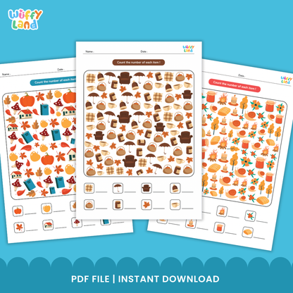 A collection of printable “Autumn Shadow Match” worksheets featuring colorful fall-themed illustrations such as pumpkins, leaves, mushrooms, books, and cozy objects. The main worksheet in the center shows a counting and matching activity where children identify and count the number of each item. Additional sheets include both color and black-and-white versions for extra practice. Designed by Wuffy Land for seasonal early learning fun.