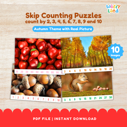 Educational printable set titled “Skip Counting Puzzles” featuring an autumn theme with real pictures. The puzzles include images of apples, acorns, squirrels, and colorful fall trees. Each strip is numbered for skip counting by 2, 3, 4, 5, 6, 7, 8, 9, and 10. The text highlights “Autumn Theme with Real Picture” and “10 Images,” designed for hands-on math practice and seasonal learning fun.