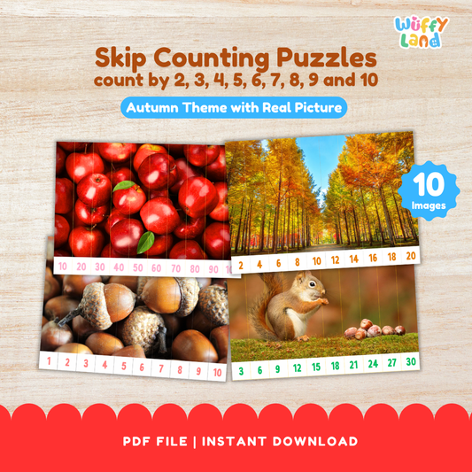Educational printable set titled “Skip Counting Puzzles” featuring an autumn theme with real pictures. The puzzles include images of apples, acorns, squirrels, and colorful fall trees. Each strip is numbered for skip counting by 2, 3, 4, 5, 6, 7, 8, 9, and 10. The text highlights “Autumn Theme with Real Picture” and “10 Images,” designed for hands-on math practice and seasonal learning fun.