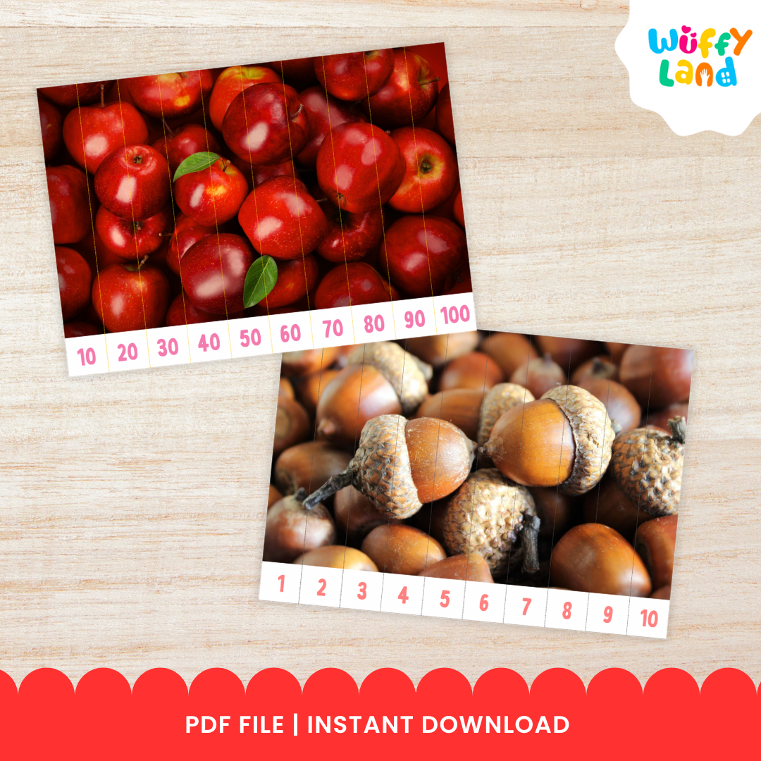 Educational printable set titled “Skip Counting Puzzles” featuring an autumn theme with real pictures. The puzzles include images of apples, acorns, squirrels, and colorful fall trees. Each strip is numbered for skip counting by 2, 3, 4, 5, 6, 7, 8, 9, and 10. The text highlights “Autumn Theme with Real Picture” and “10 Images,” designed for hands-on math practice and seasonal learning fun.