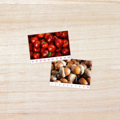 Educational printable set titled “Skip Counting Puzzles” featuring an autumn theme with real pictures. The puzzles include images of apples, acorns, squirrels, and colorful fall trees. Each strip is numbered for skip counting by 2, 3, 4, 5, 6, 7, 8, 9, and 10. The text highlights “Autumn Theme with Real Picture” and “10 Images,” designed for hands-on math practice and seasonal learning fun.