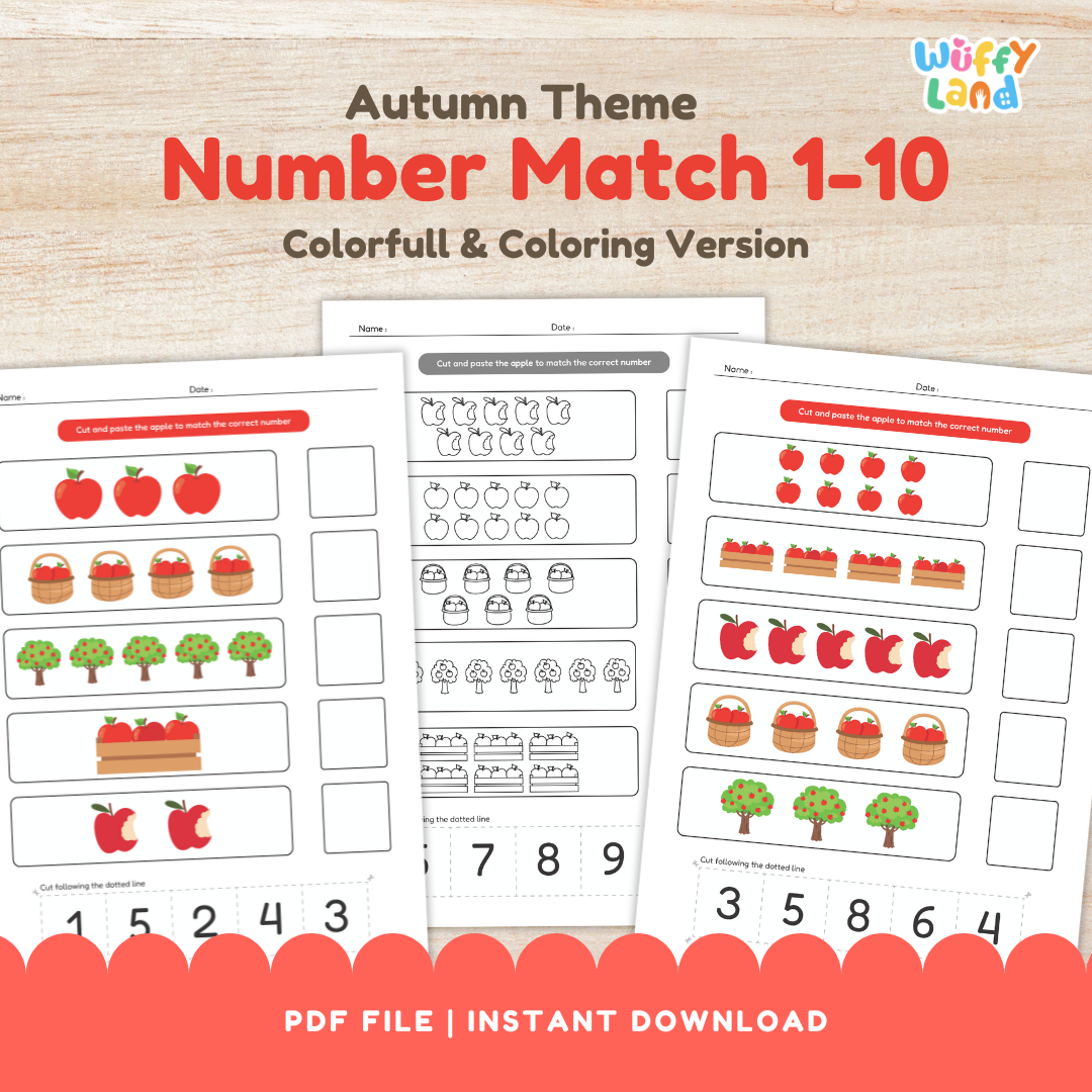Set of fall-themed counting worksheets featuring rows of apples, baskets, crates, and apple trees. Children cut out numbers 1–10 and paste them to match the quantities; includes colorful and black-and-white versions on a light wood background with “Colorfull & Coloring Version” label.