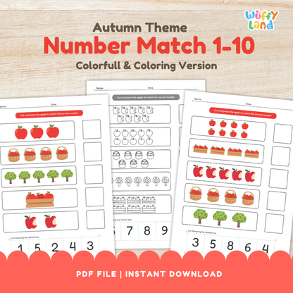 Set of fall-themed counting worksheets featuring rows of apples, baskets, crates, and apple trees. Children cut out numbers 1–10 and paste them to match the quantities; includes colorful and black-and-white versions on a light wood background with “Colorfull & Coloring Version” label.