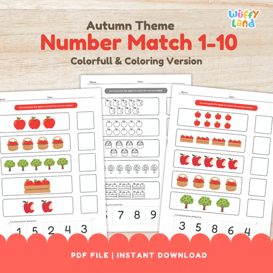 Set of fall-themed counting worksheets featuring rows of apples, baskets, crates, and apple trees. Children cut out numbers 1–10 and paste them to match the quantities; includes colorful and black-and-white versions on a light wood background with “Colorfull & Coloring Version” label.