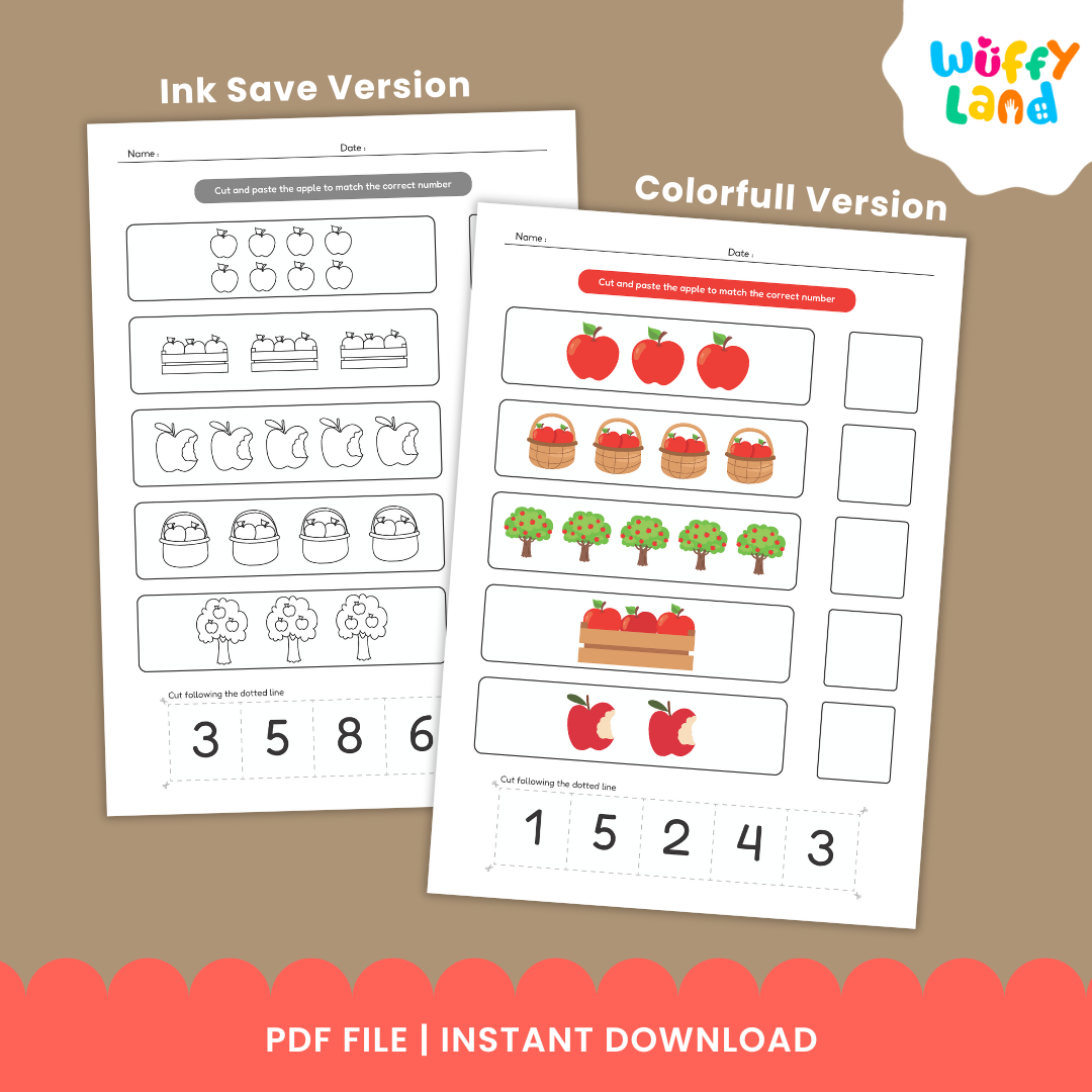 Set of fall-themed counting worksheets featuring rows of apples, baskets, crates, and apple trees. Children cut out numbers 1–10 and paste them to match the quantities; includes colorful and black-and-white versions on a light wood background with “Colorfull & Coloring Version” label.
