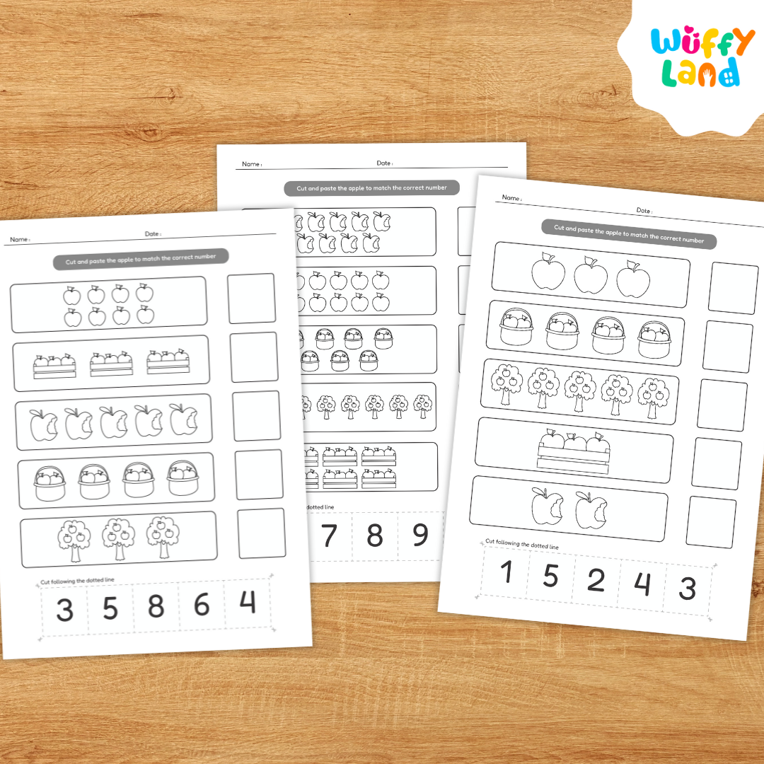 Set of fall-themed counting worksheets featuring rows of apples, baskets, crates, and apple trees. Children cut out numbers 1–10 and paste them to match the quantities; includes colorful and black-and-white versions on a light wood background with “Colorfull & Coloring Version” label.