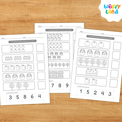 Set of fall-themed counting worksheets featuring rows of apples, baskets, crates, and apple trees. Children cut out numbers 1–10 and paste them to match the quantities; includes colorful and black-and-white versions on a light wood background with “Colorfull & Coloring Version” label.