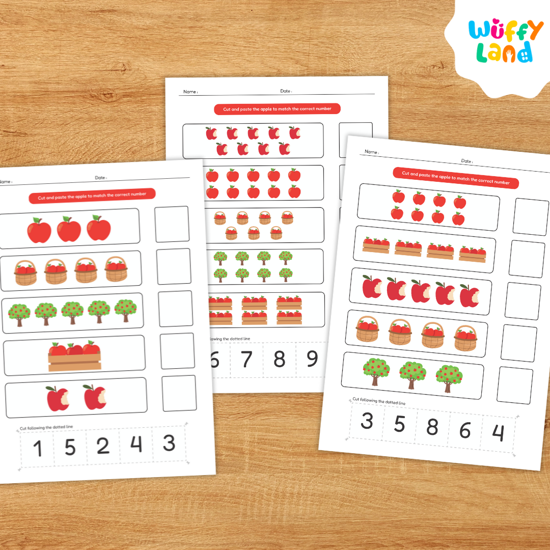 Set of fall-themed counting worksheets featuring rows of apples, baskets, crates, and apple trees. Children cut out numbers 1–10 and paste them to match the quantities; includes colorful and black-and-white versions on a light wood background with “Colorfull & Coloring Version” label.
