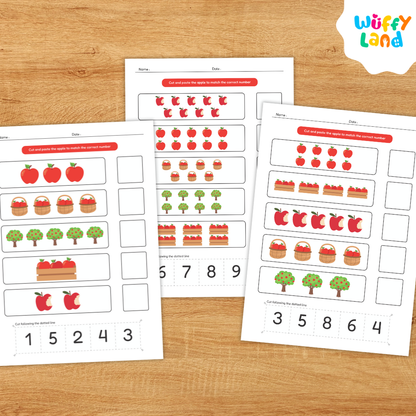 Set of fall-themed counting worksheets featuring rows of apples, baskets, crates, and apple trees. Children cut out numbers 1–10 and paste them to match the quantities; includes colorful and black-and-white versions on a light wood background with “Colorfull & Coloring Version” label.