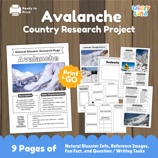 Printable avalanche research project resource for students featuring a main avalanche information page, snow avalanche photos, characteristics and description sections, causes and prevention worksheets, impacts and recovery pages, and structured research templates designed for elementary and middle school learners.