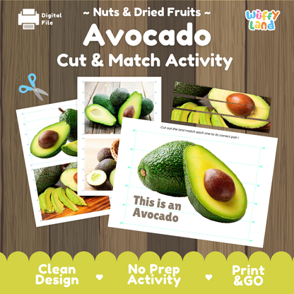 Avocado cut and match activity cover showing printable fine motor puzzle sheets and produce photographs