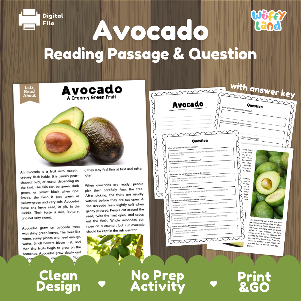 Avocado reading comprehension passage and questions printable activity pack with answer key for elementary students