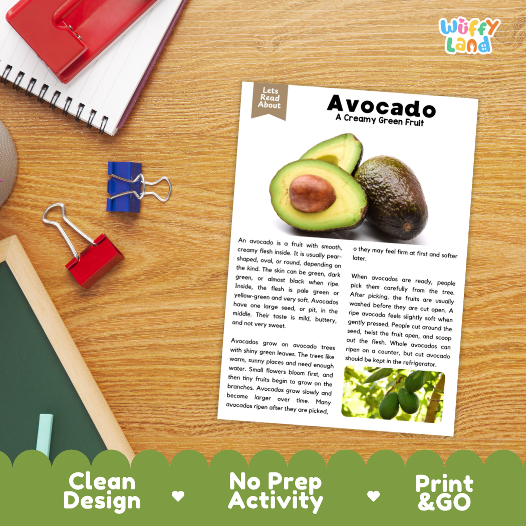 Student reading comprehension worksheet with short-answer questions and lined sections about the avocado fruit