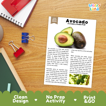 Student reading comprehension worksheet with short-answer questions and lined sections about the avocado fruit