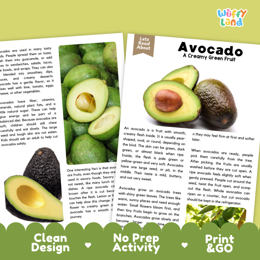 Teacher answer key page showing complete question solutions for Avocado nature and science reading comprehension practice