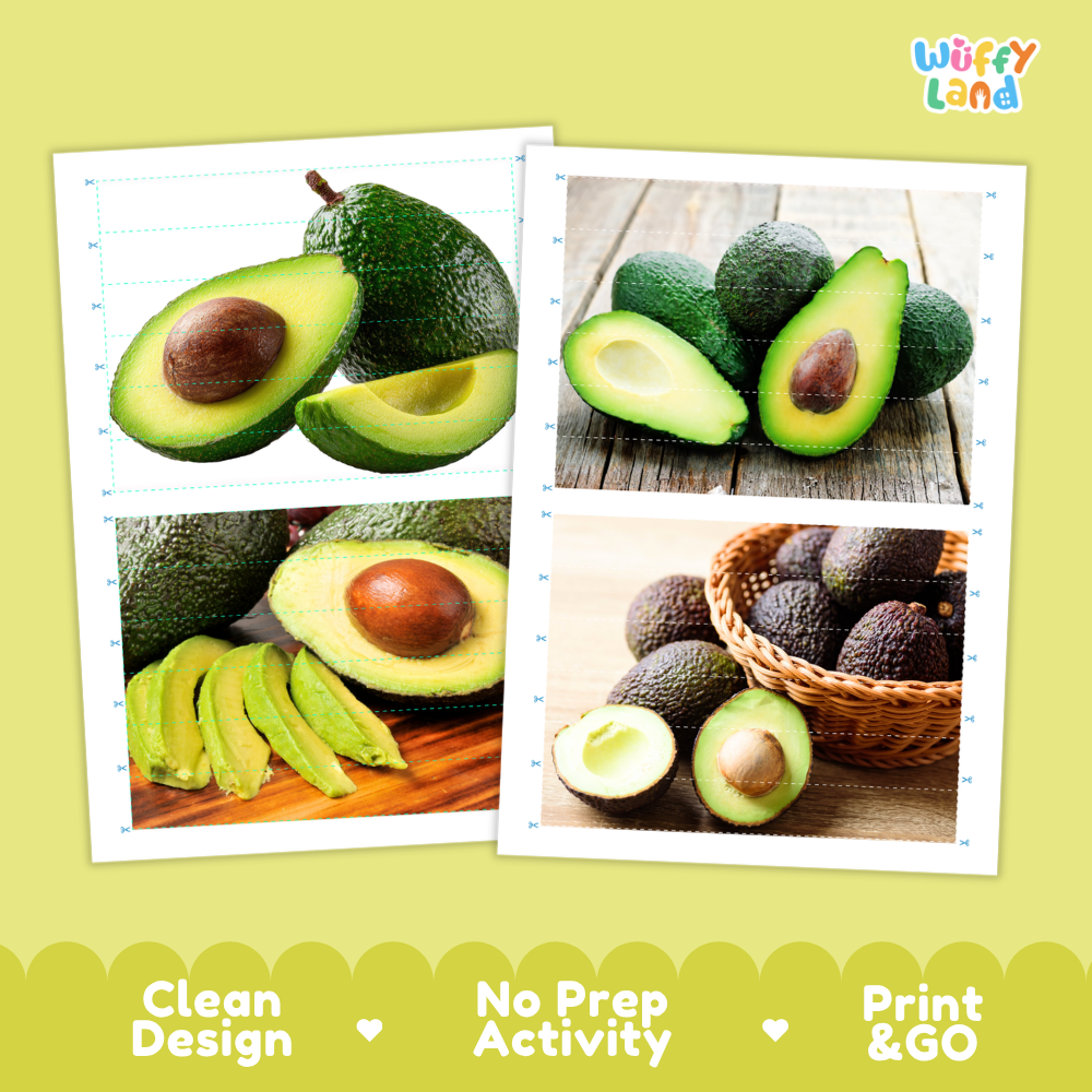 Printable activity sheets featuring photographic avocado puzzle boards and cutting guides