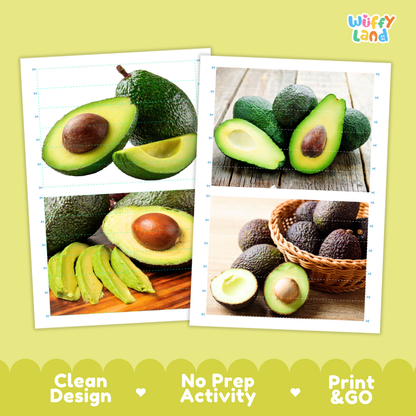 Printable activity sheets featuring photographic avocado puzzle boards and cutting guides