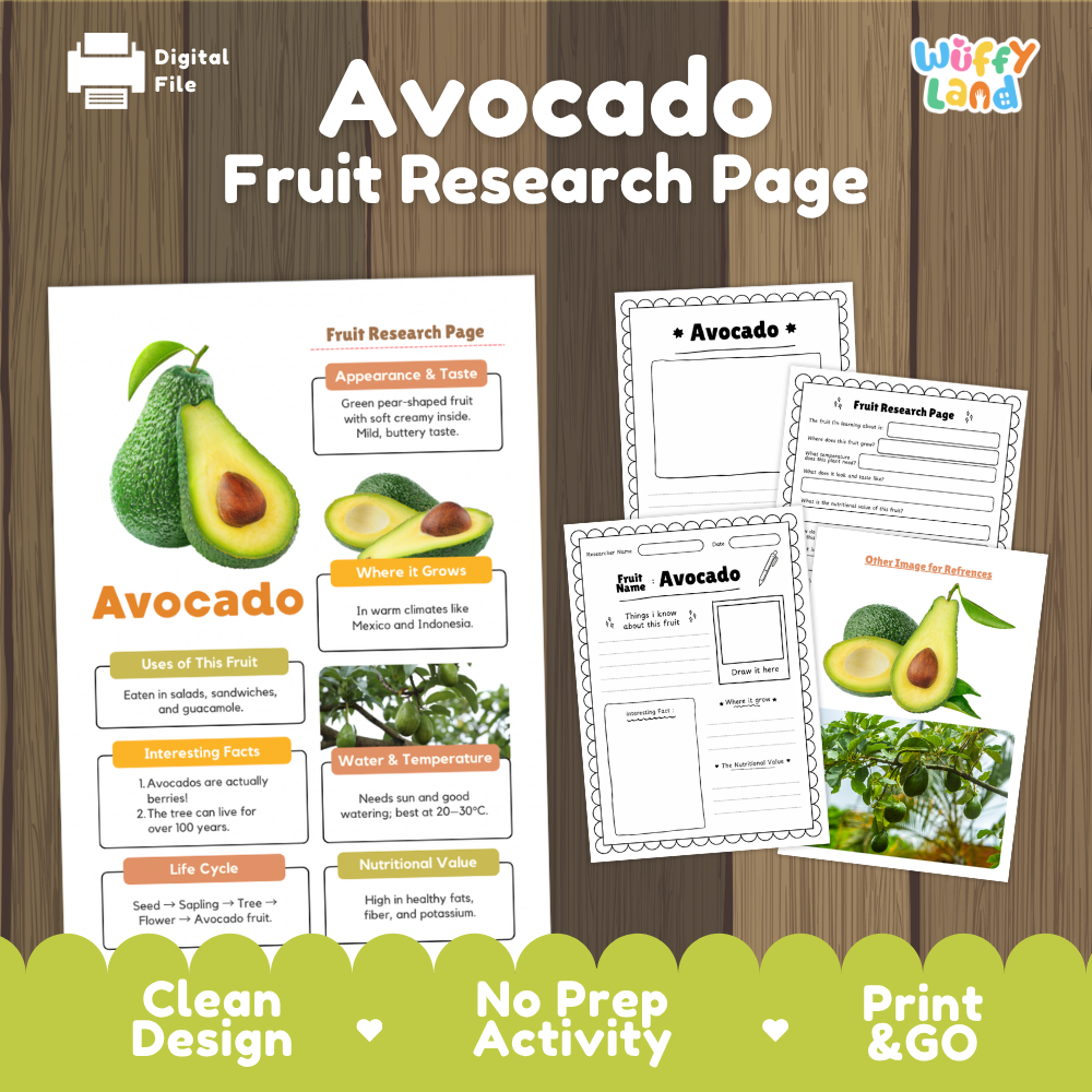 Digital preview of an educational 'Avocado Fruit Research Page' activity sheet set on a dark wood background. The design features a colorful infographic page with illustrations of avocados and text, alongside several worksheet pages.