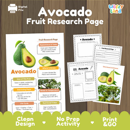 Digital preview of an educational 'Avocado Fruit Research Page' activity sheet set on a dark wood background. The design features a colorful infographic page with illustrations of avocados and text, alongside several worksheet pages.