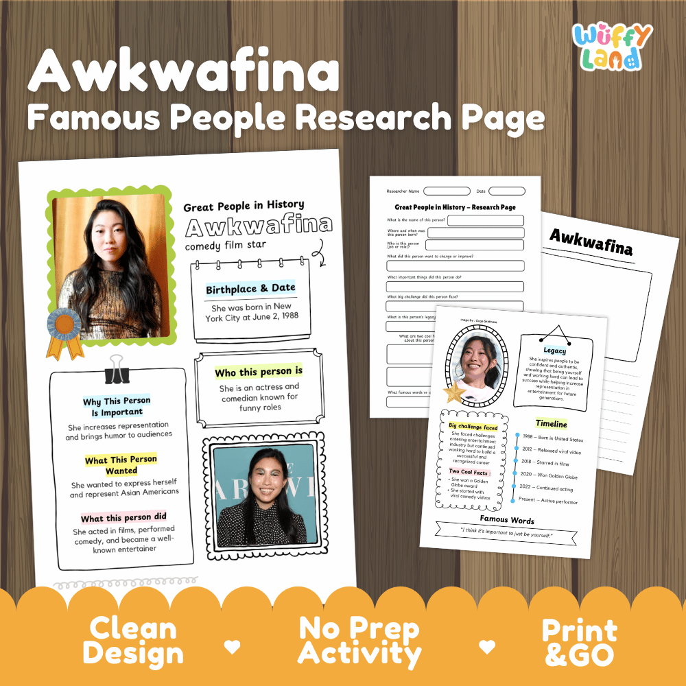 Awkwafina biography research worksheets pack featuring graphic organizers, timeline activity, and student writing template