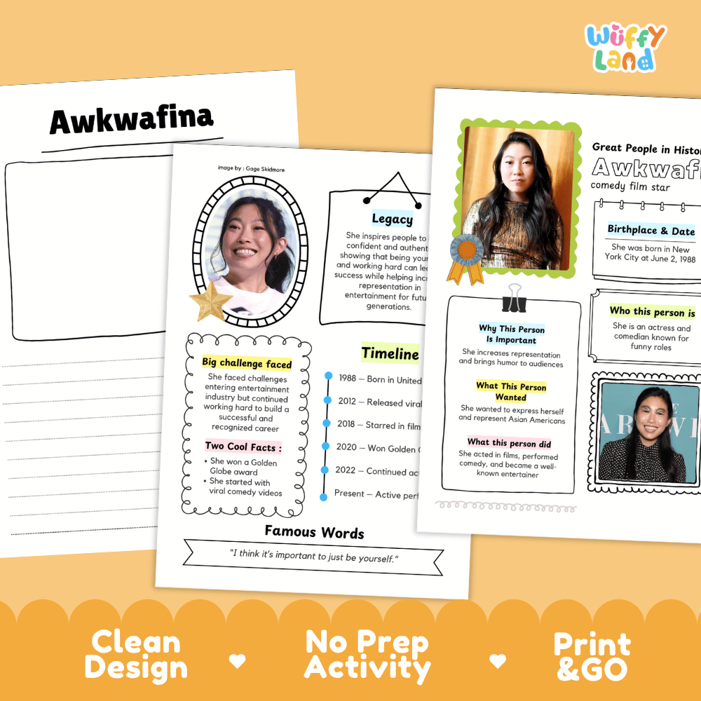 Great People in History student fact profile card detailing Awkwafina's birthplace, comedy acting career, and Golden Globe win