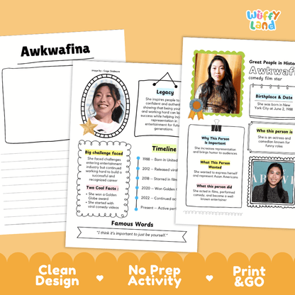 Great People in History student fact profile card detailing Awkwafina's birthplace, comedy acting career, and Golden Globe win