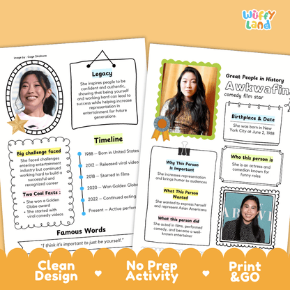Educational biography summary worksheet featuring a chronological timeline, famous quote, and lined student writing page