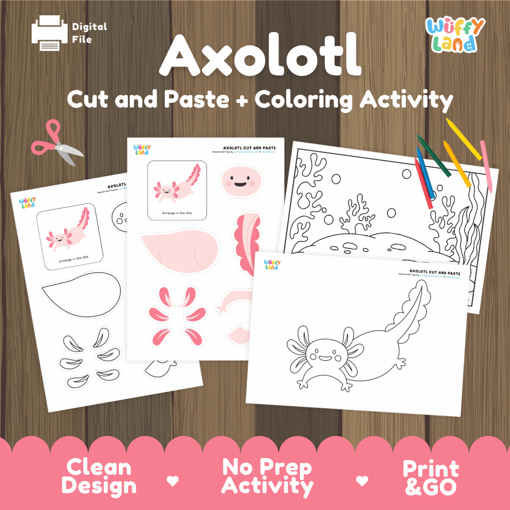 Axolotl Cut and Paste and Coloring Activity Worksheets