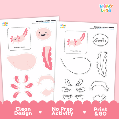 Axolotl Cut and Paste and Coloring Activity Worksheets