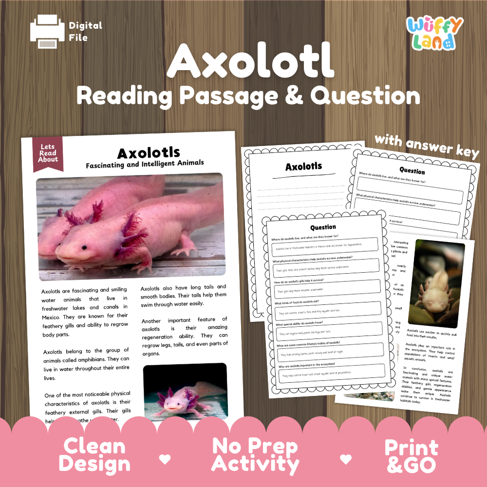 Axolotl Reading Passage and Comprehension Questions Worksheets