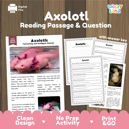 Axolotl Reading Passage and Comprehension Questions Worksheets