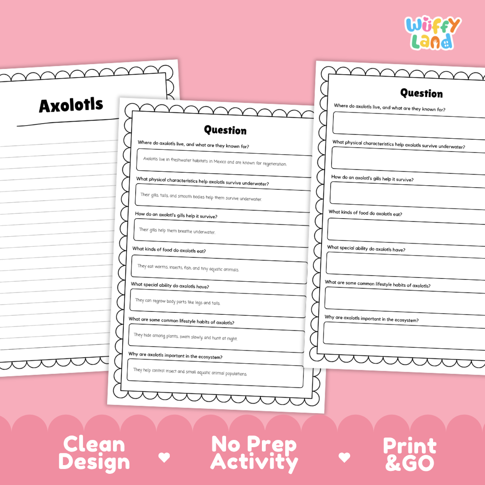 Axolotl Reading Passage and Comprehension Questions Worksheets