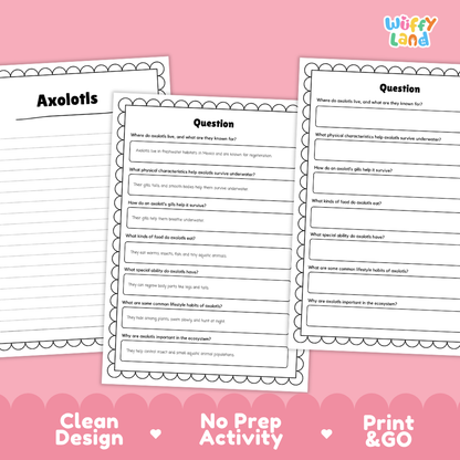 Axolotl Reading Passage and Comprehension Questions Worksheets