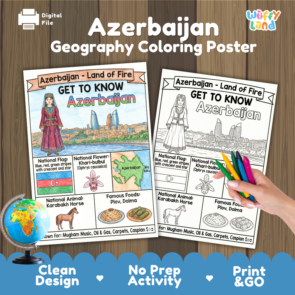 Get to know Azerbaijan coloring poster paired with photo flashcards of Caspian Sea Coast, Plov rice dish, and Flame Towers Baku
