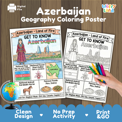 Get to know Azerbaijan coloring poster paired with photo flashcards of Caspian Sea Coast, Plov rice dish, and Flame Towers Baku