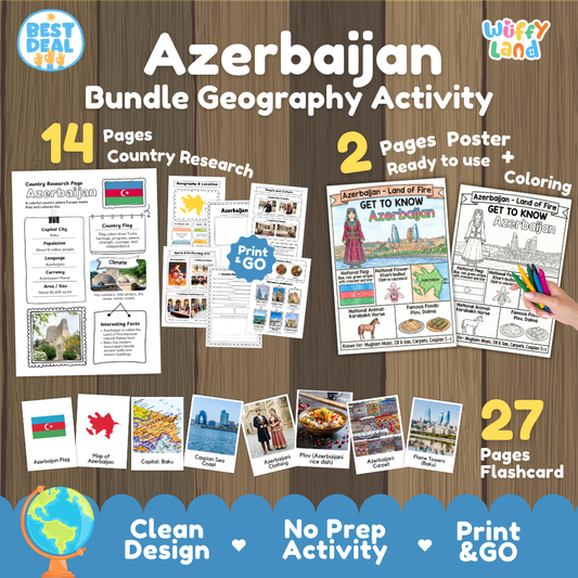 Azerbaijan geography activity bundle cover showing 14 country research pages, 2 ready to use coloring posters, and 27 photo flashcards
