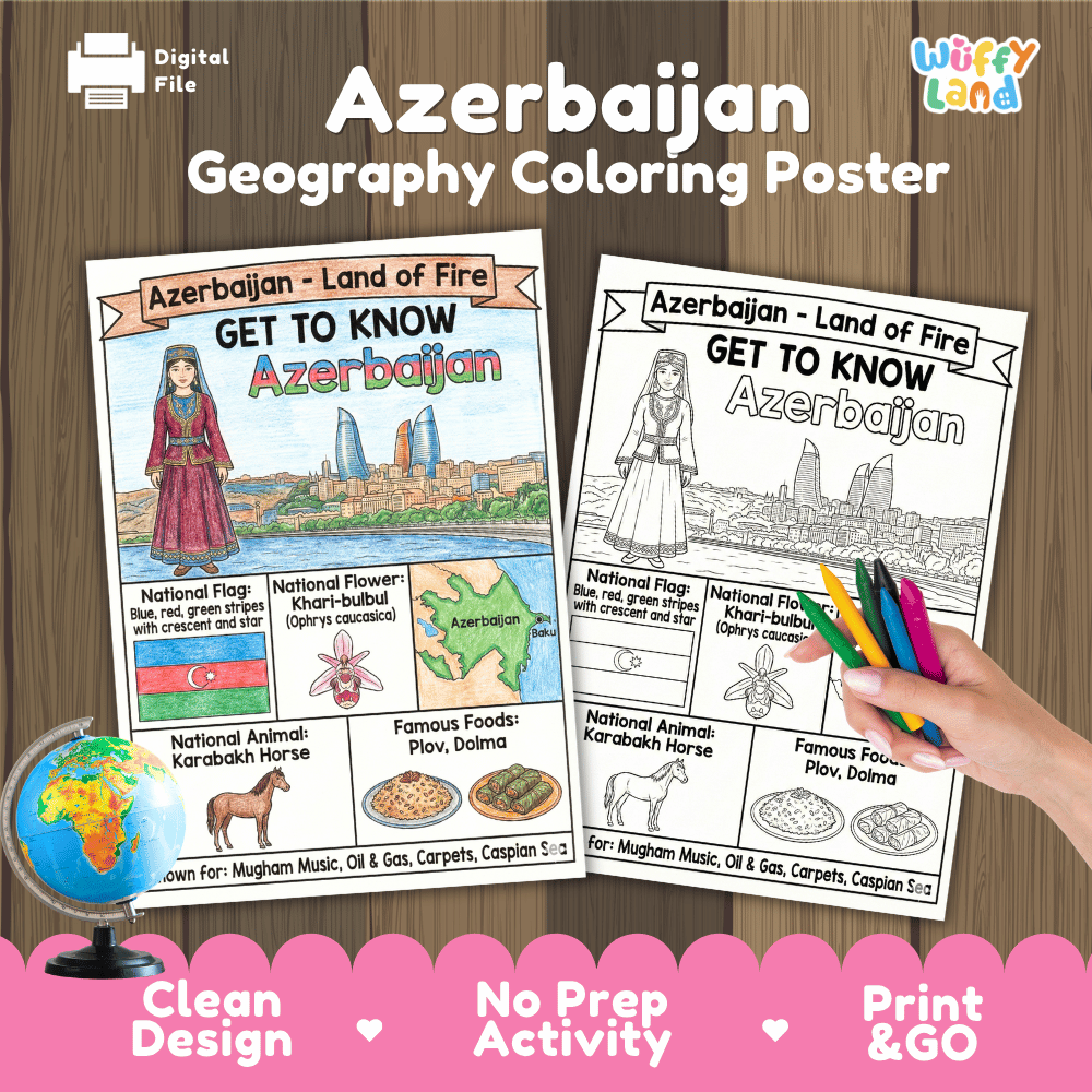 Azerbaijan Geography Coloring Poster and Fact Sheet Printable Worksheets
