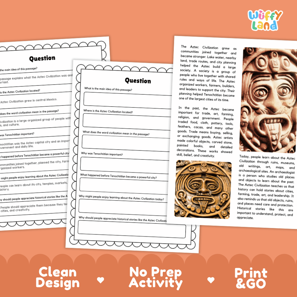 Student reading passage titled An Ancient Civilization in Mexico detailing Aztec history Tenochtitlan chinampa farming and ancient artifact photography
