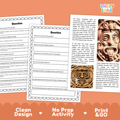 Student reading passage titled An Ancient Civilization in Mexico detailing Aztec history Tenochtitlan chinampa farming and ancient artifact photography