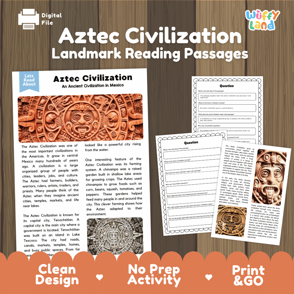 Aztec Civilization landmark reading passage and comprehension worksheet educational unit featuring nonfiction text and authentic Aztec Sun Stone carving photography