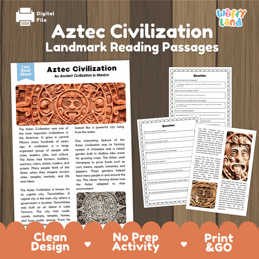 Aztec Civilization landmark reading passage and comprehension worksheet educational unit featuring nonfiction text and authentic Aztec Sun Stone carving photography